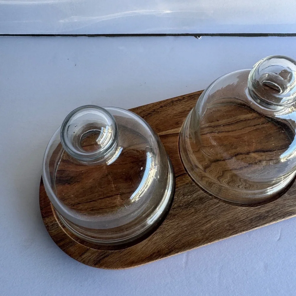 Unbranded Serving Board Set OS Brown Wood Glass Cloche Domes Farmhouse Boho 4pc